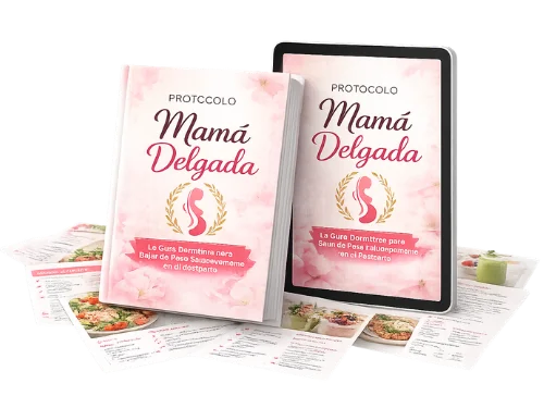 Mockup del Protocolo Mamá Delgada — libro y tablet con recetas